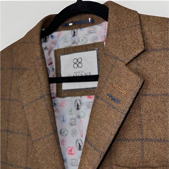 House of Cavani Wool Mix 38 Blazer Jacket Vest Waistcoat Brown Blue Plaid 2pc - Picture 4 of 13